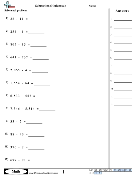 Subtraction Worksheets - Subtraction (Horizontal) worksheet